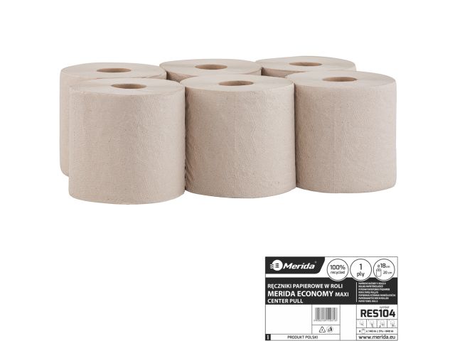 Ręczniki papierowe w roli MERIDA ECONOMY MAXI, szare, jednowarstwowe, długość 135 m, opakowanie 6 rolek